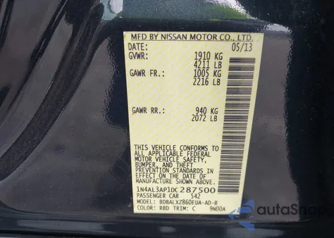 2013 Nissan Altima 2.5 Sl from USA, damaged, VIN 1N4AL3AP1DC287500